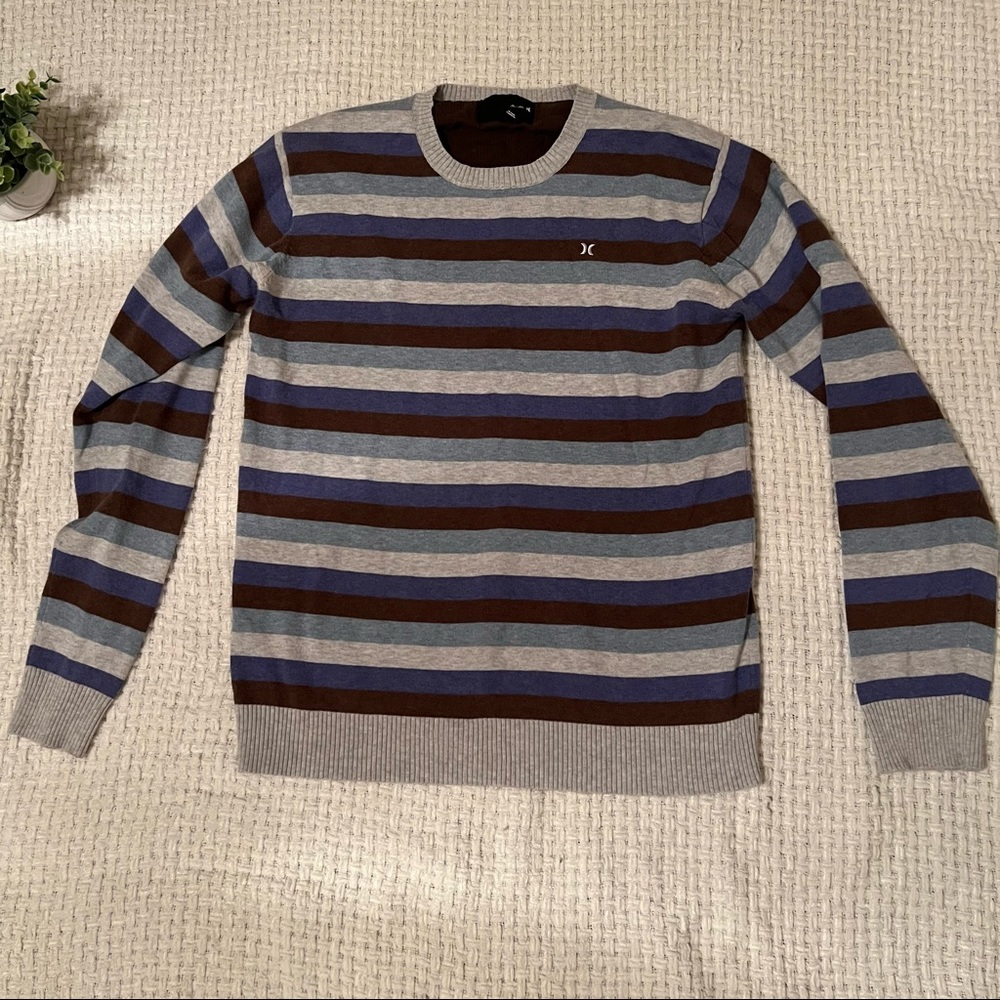 Hurley Gray, Brown & Blue Striped Crewneck Sweater
